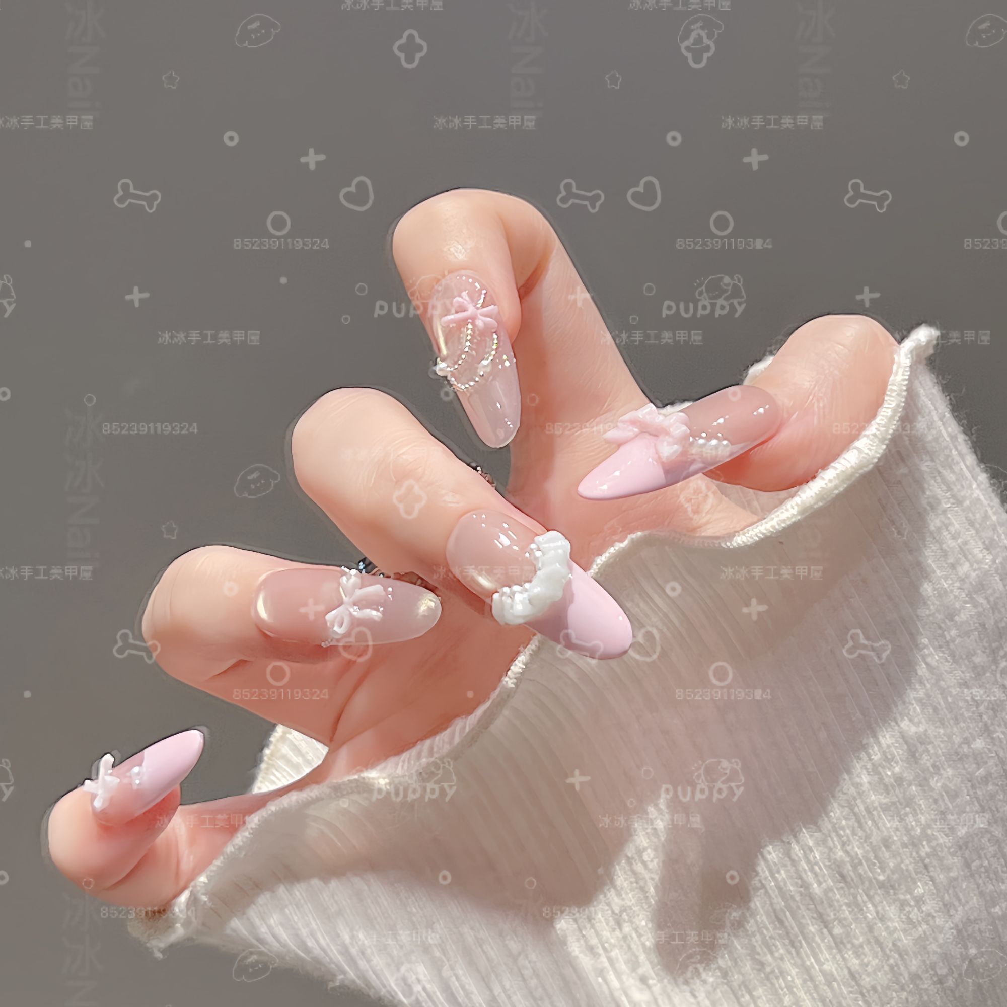 【桃乐丝】轻奢纯手工穿戴甲粉法式猫眼蝴蝶结光疗美甲四季流行10片