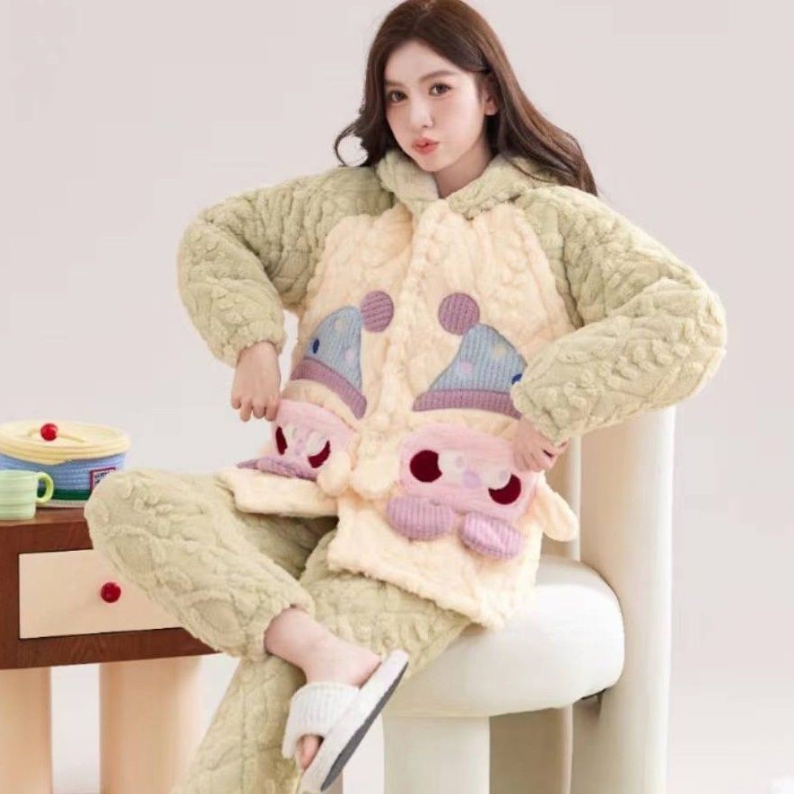 （专属）冬季睡衣女三层夹棉加绒加厚法兰绒连帽可外穿中款家居服