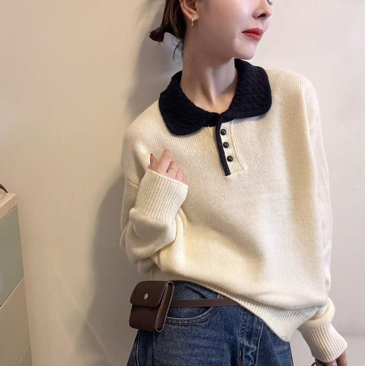 【硬货】5098时尚织法三粒扣百搭设计秋冬翻领套头女毛衣