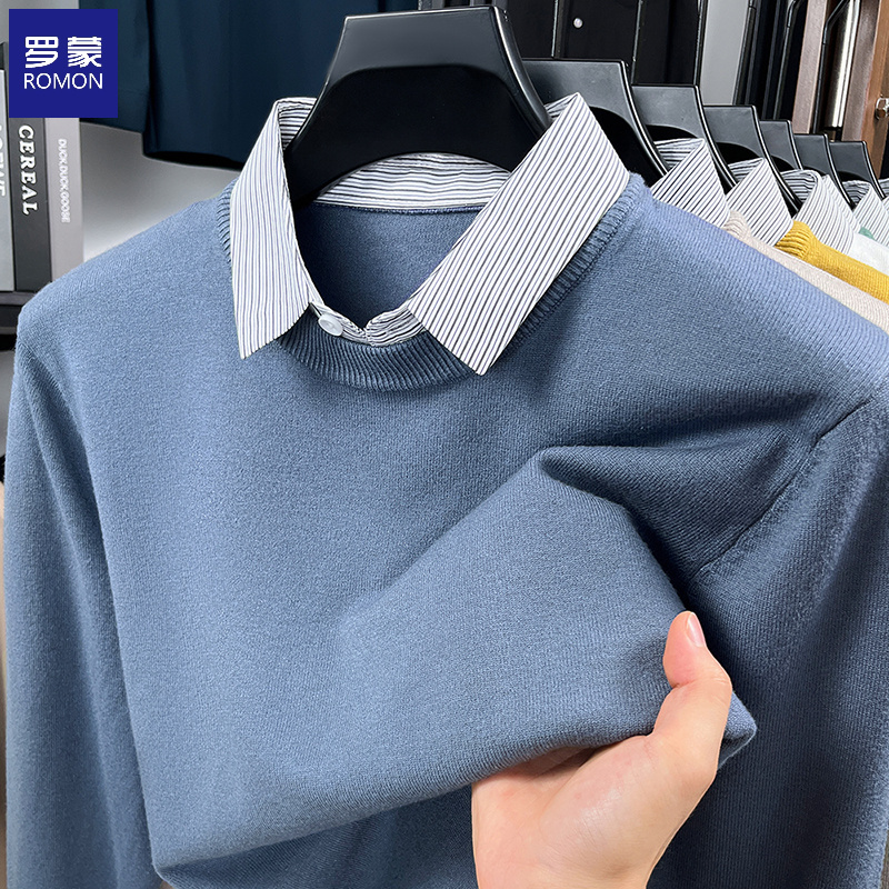 罗蒙衬衫领毛衣男士秋冬款2025休闲打底衫百搭冬季假两件针织衫潮