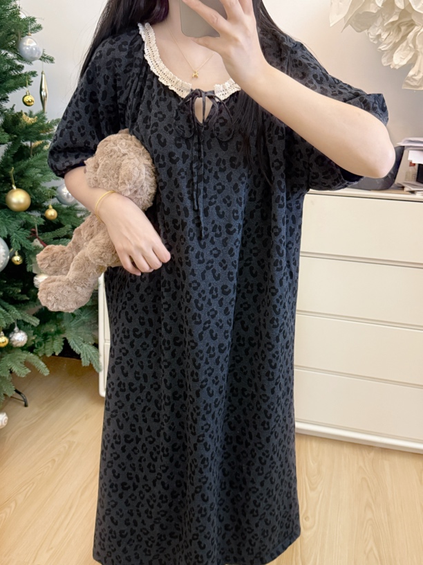 甜辣豹纹纯棉睡衣女夏季短袖睡裙中长款宽松显瘦慵懒可外穿家居服