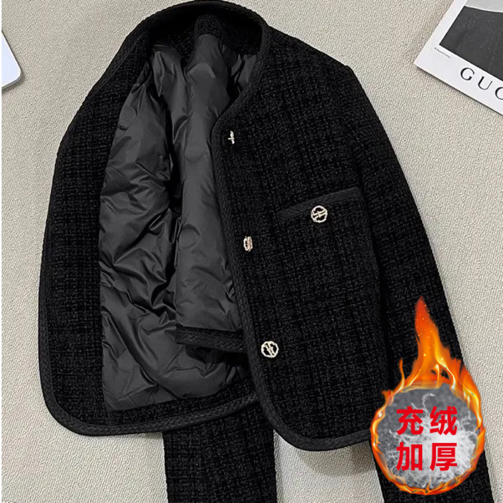 【当天发+运费险】充绒加厚黑色圆领香风短外套粗花呢名媛气质YN965