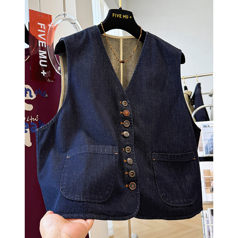 韩系高级感独特超好看V领无袖牛仔马甲背心外套女秋叠穿短款上衣