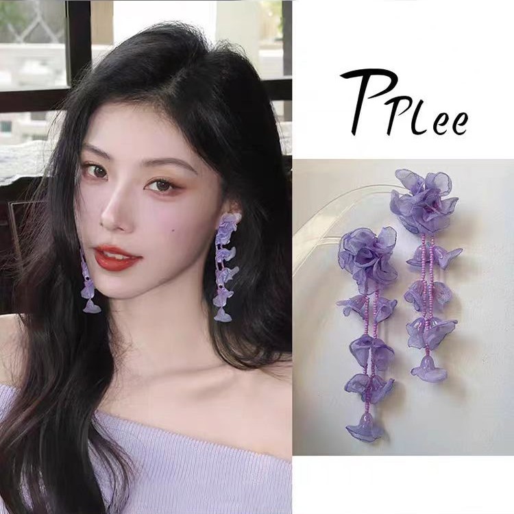 铜合金耳饰 气质佳人~春夏高级感紫色薄纱花朵耳环女款耳钉夸张长