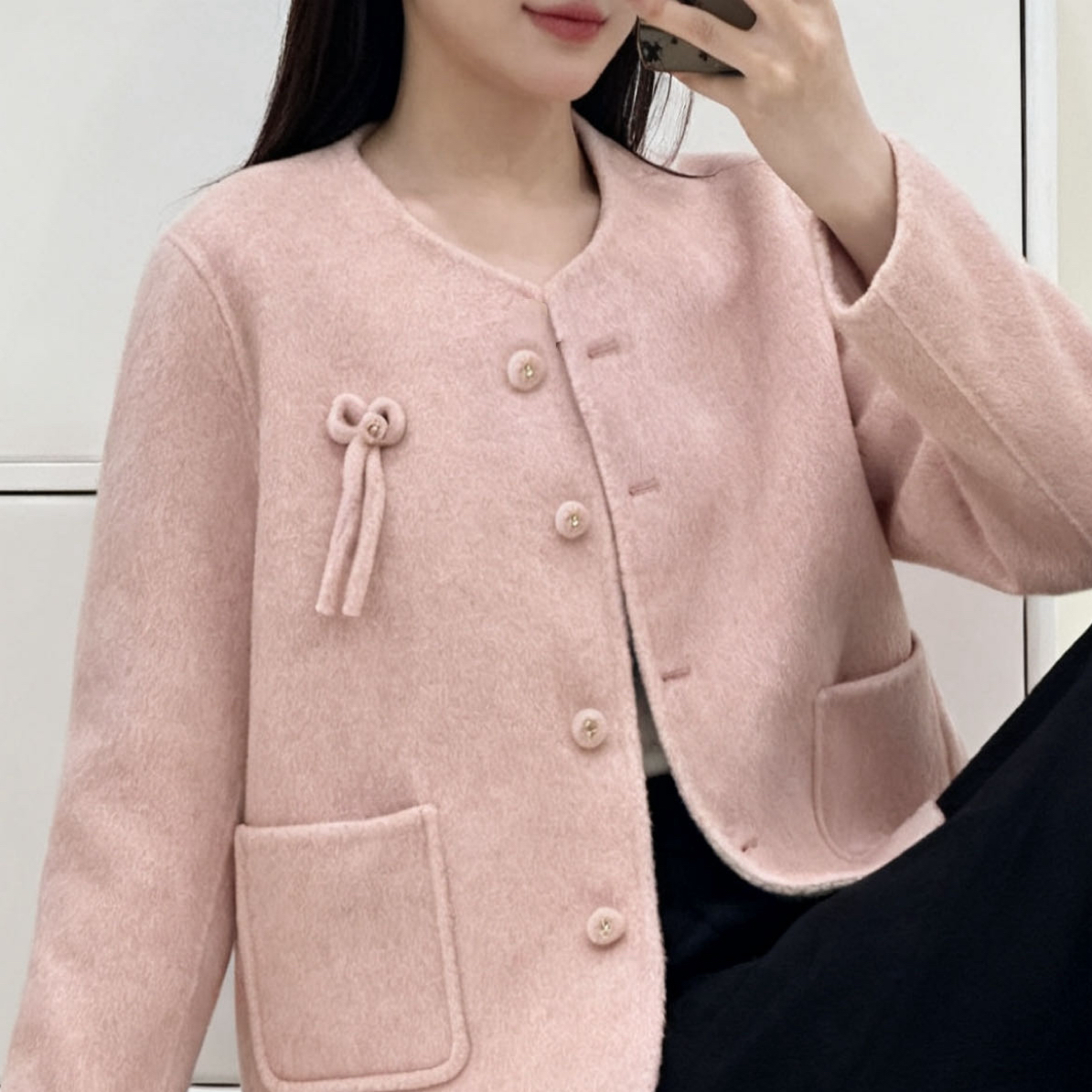 秋冬新款短款双面大衣女圆领宽松小个子小香风毛呢外套