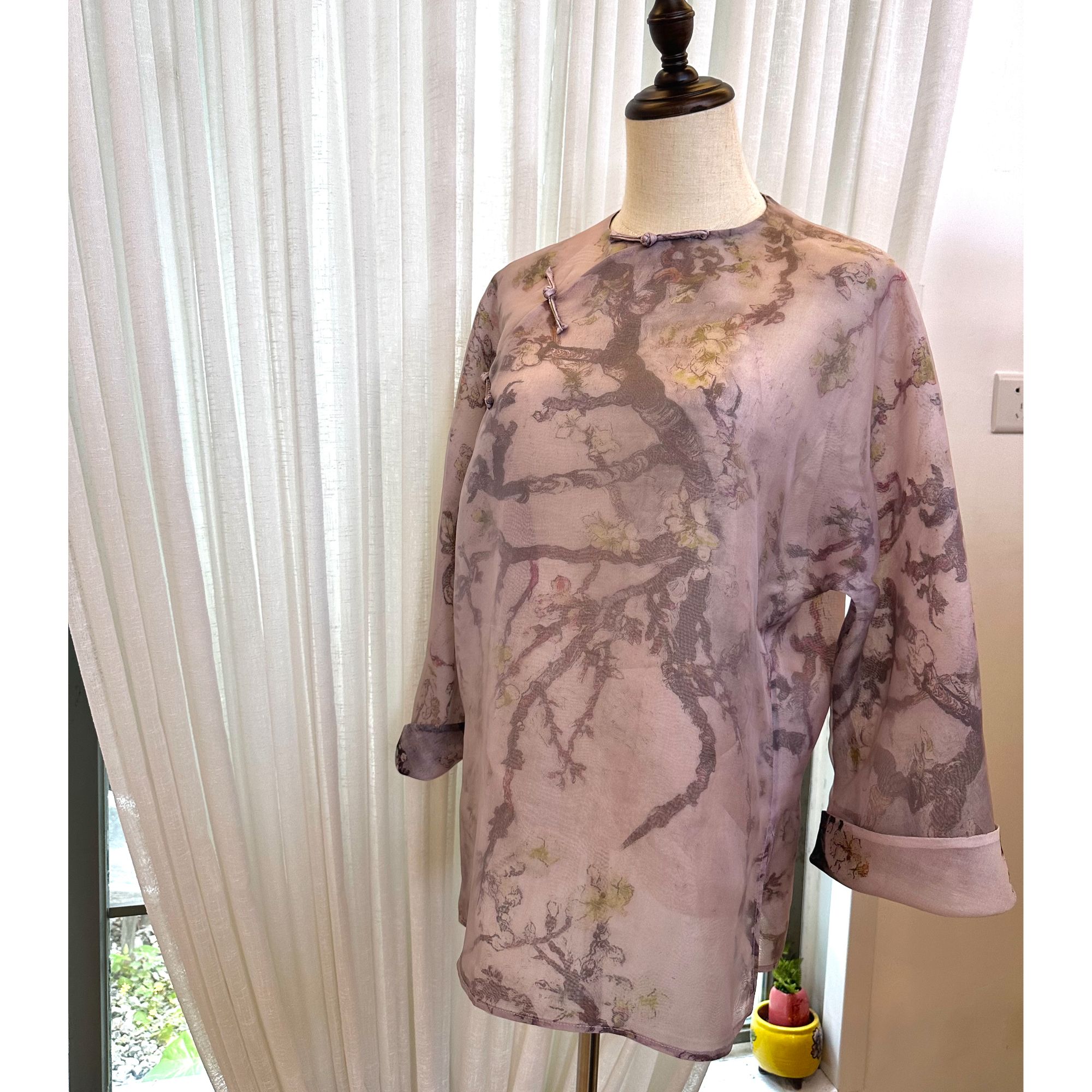 青羽家真丝欧根缎一字盘扣圆领斜襟新中式  上衣双层