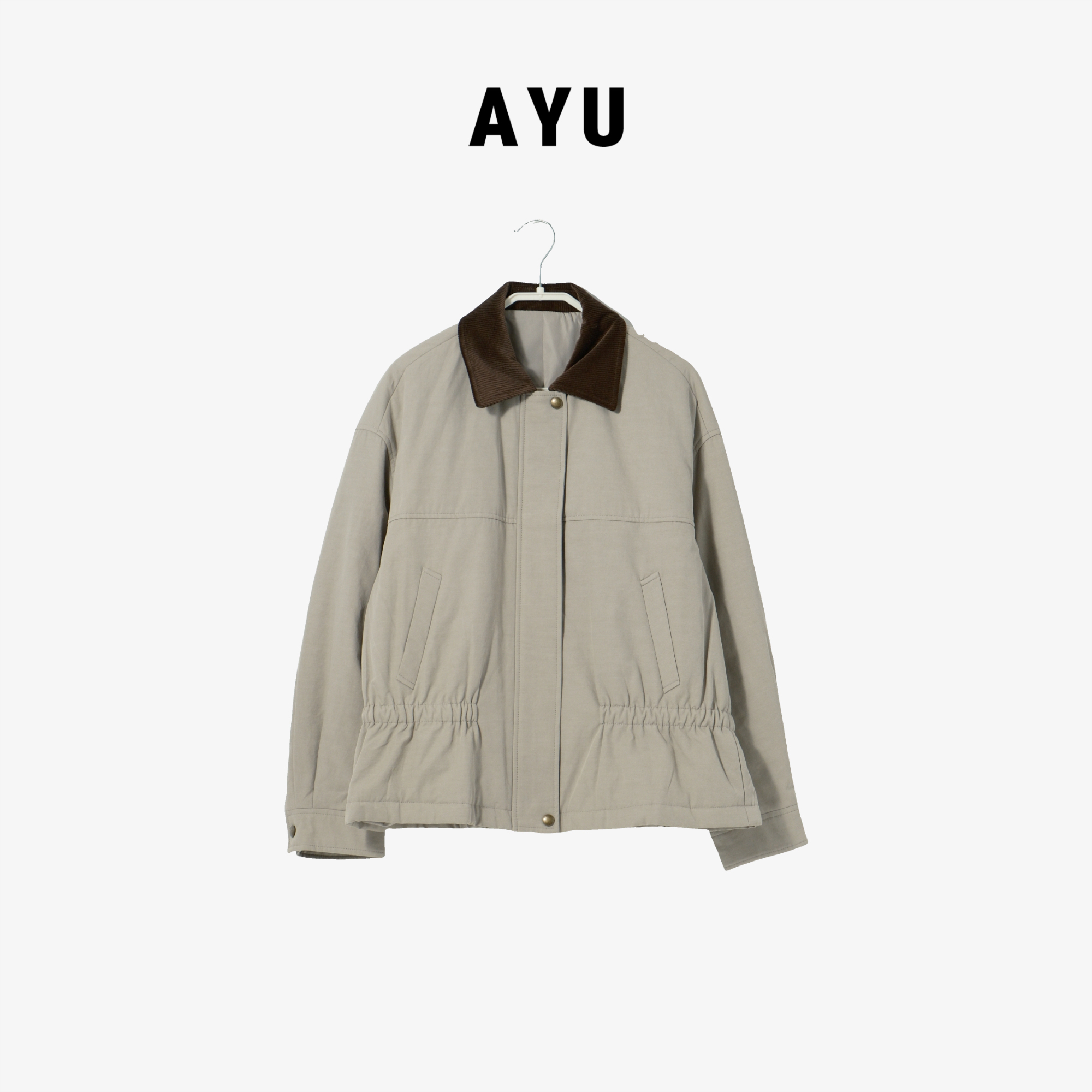 阿玉家#秋冬款简约百搭腰抽绳领拼色外套#9421