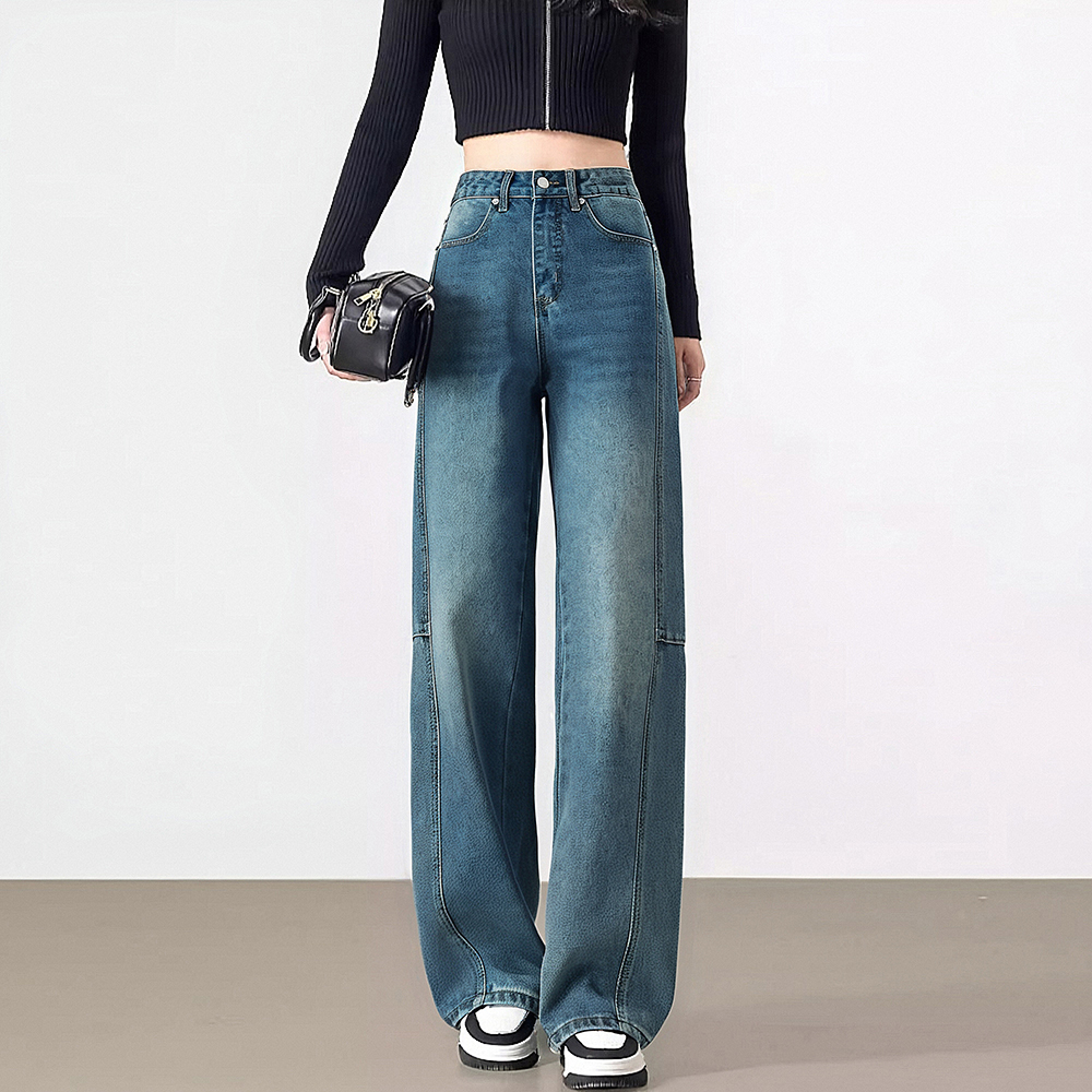 拼接窄版直筒牛仔裤女宽松百搭高腰女装裤子2025春季新品
