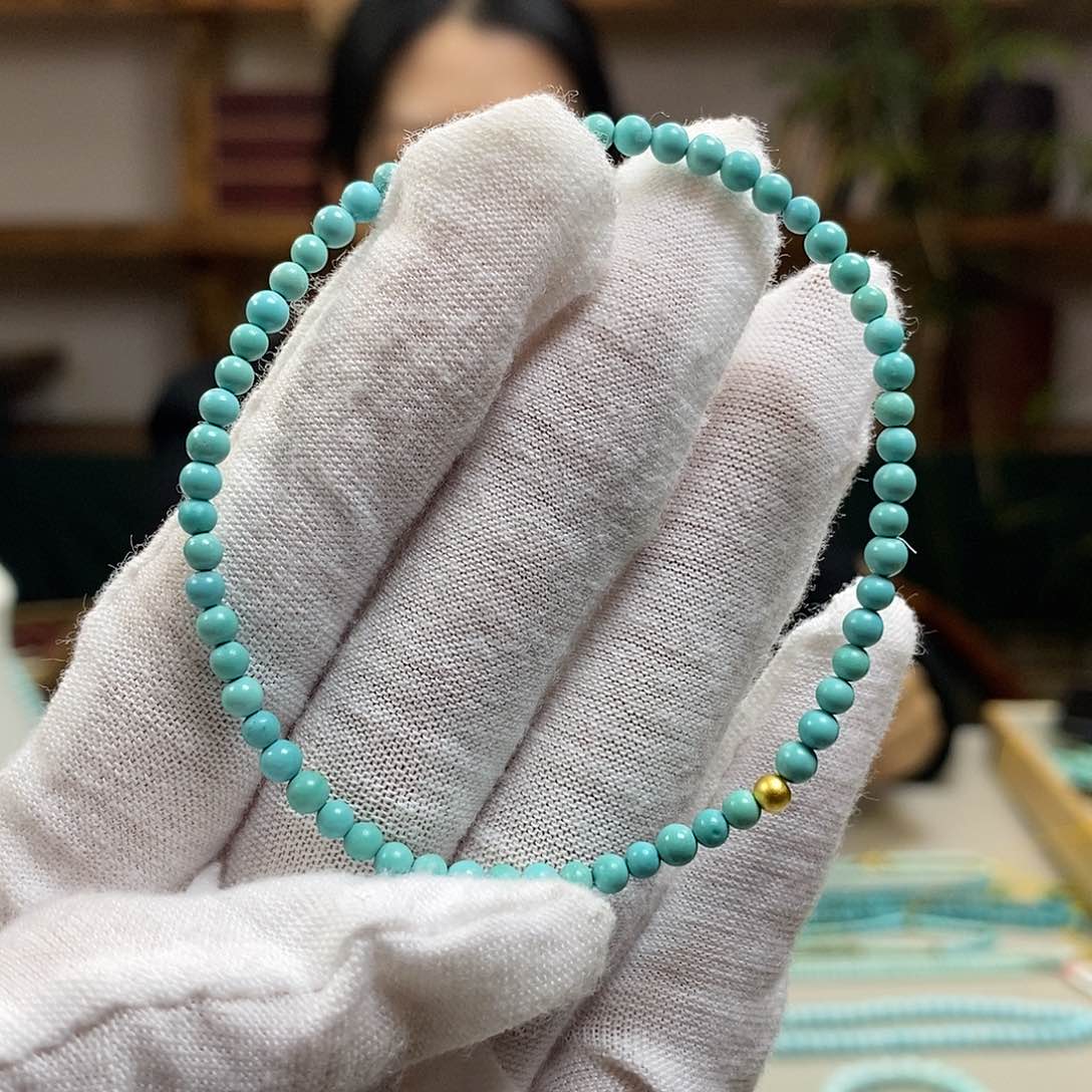 绿松石A3米珠单圈卡3+银S925镀金镶嵌