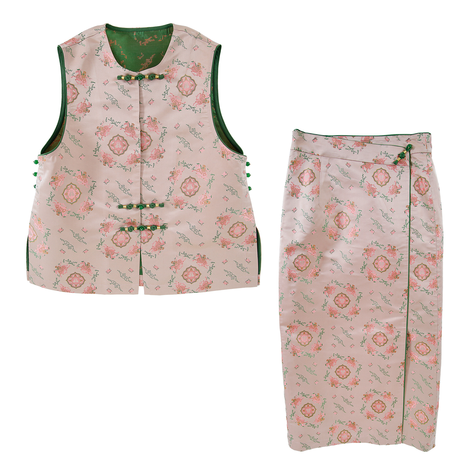 40姆100桑蚕丝宋锦石蕊红圆领手工扣马甲前侧开叉包臀套装12377