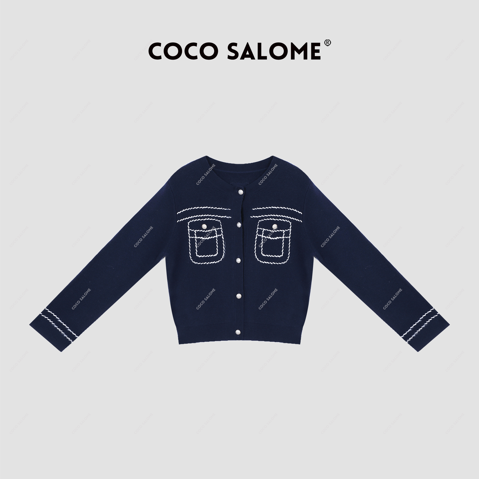 COCOSALOME⑥【学院蓝】明线简约短款针织开衫上衣女秋冬076-1