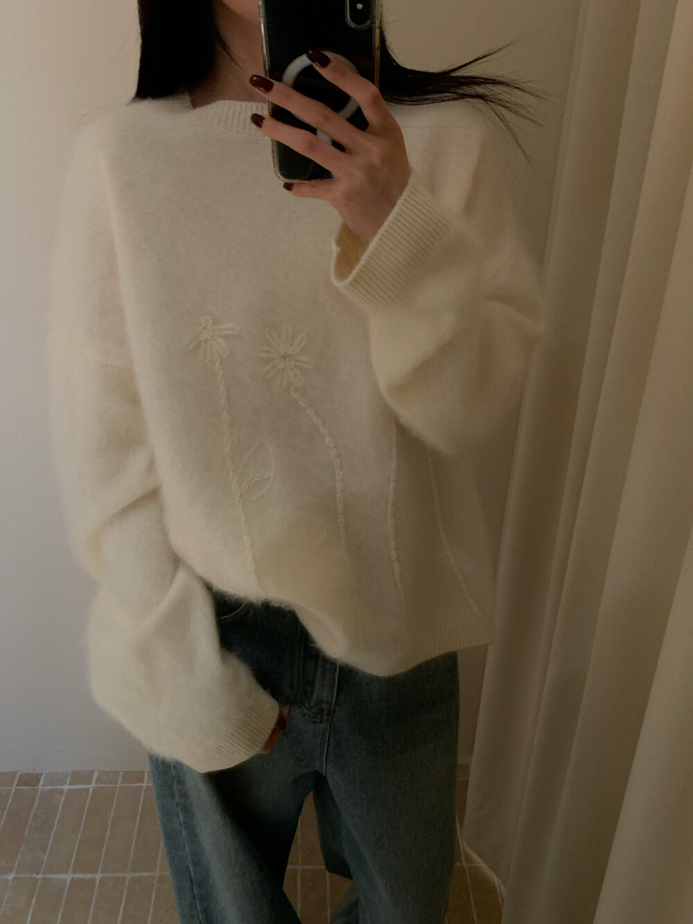 【护脖暖炉】冬季厚款圆领女网红宽松慵懒风刺绣气质羊毛衫33-5673