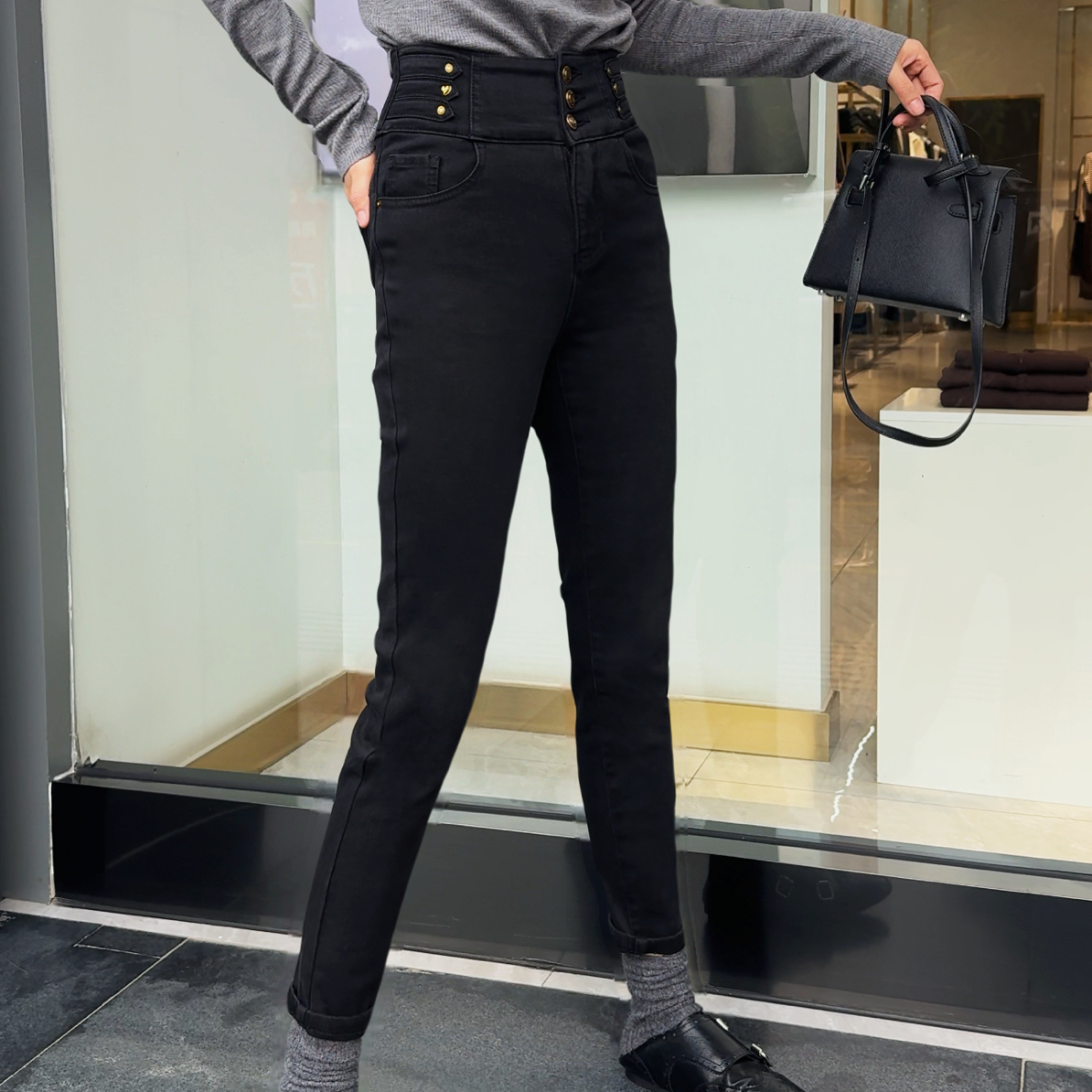高腰加绒铅笔牛仔裤女秋冬新款加厚显瘦百搭小脚裤