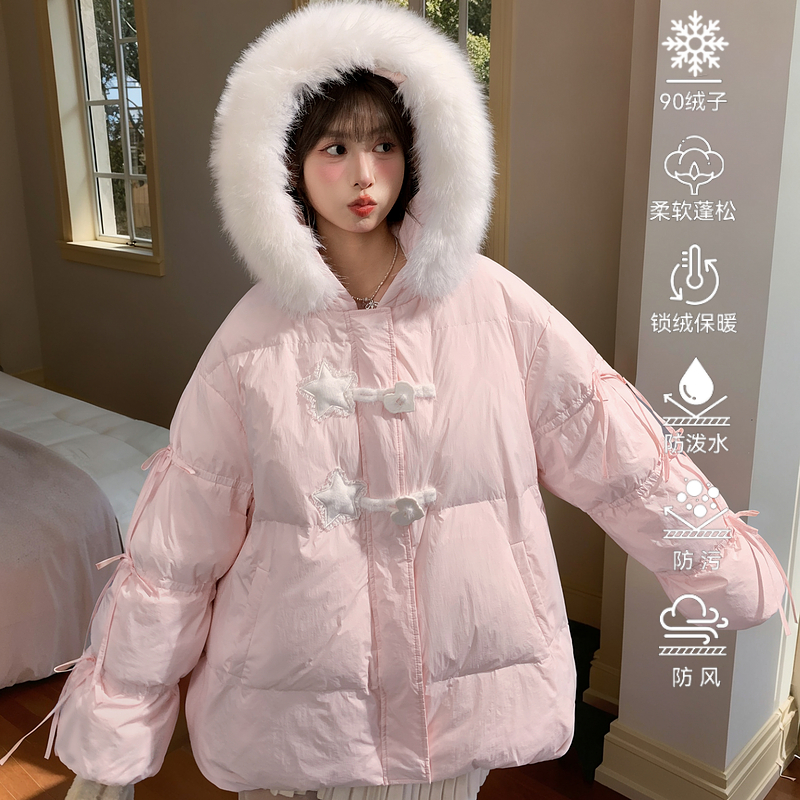 森女部落甜美风百搭羽绒服女新款秋冬连帽设计感三防宽松保暖外套
