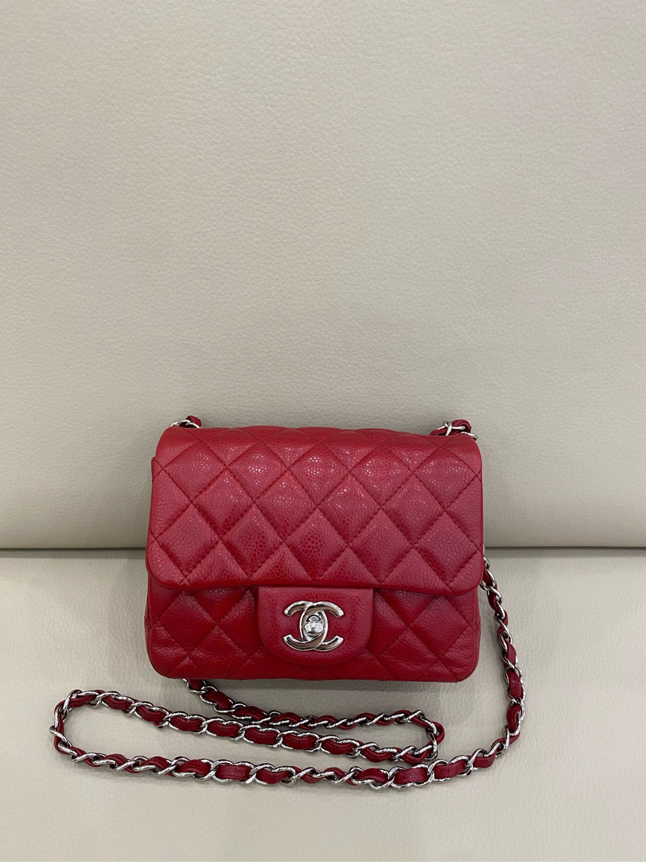 95新 Chanel/香奈儿 方胖子 红色荔枝牛皮银扣 16开 
