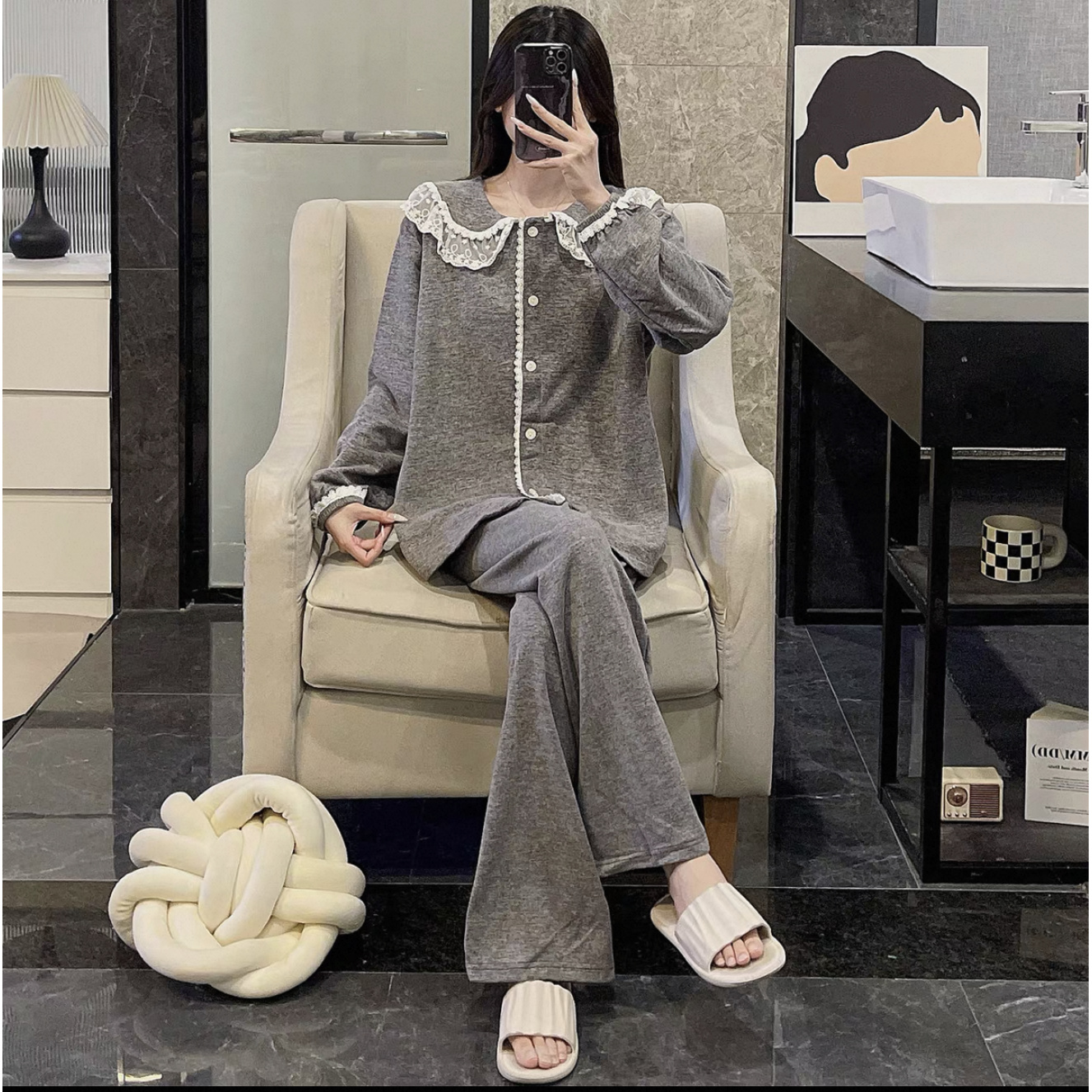 80-秋冬季娃娃领蕾丝家居服套装