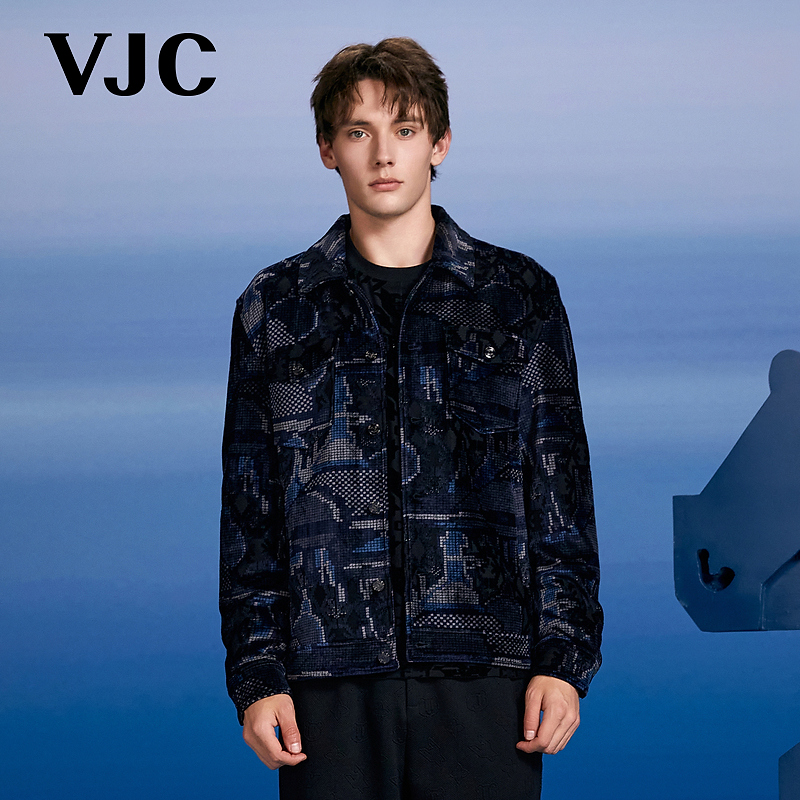 VJC/威杰思2025秋季新款男装时尚潮流丝绒提花针织外套B24DE2277