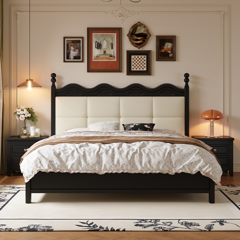 简约风烫画意式床公主床中式家用可储藏单人实木床美式轻奢主卧室