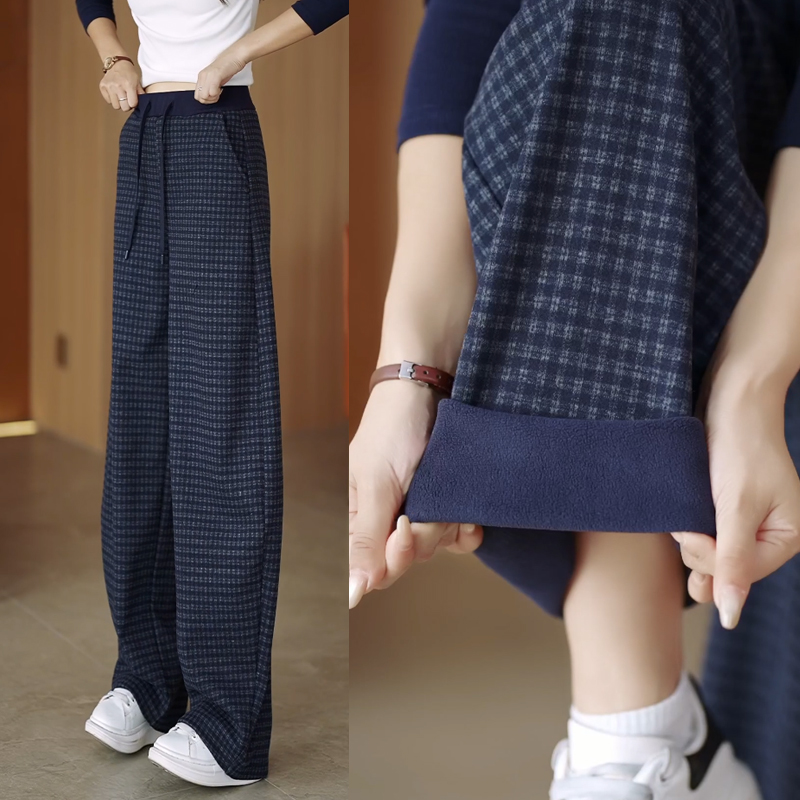 加绒加厚休闲阔腿裤女2025新款休闲裤高腰弯刀裤格子时尚秋冬裤子
