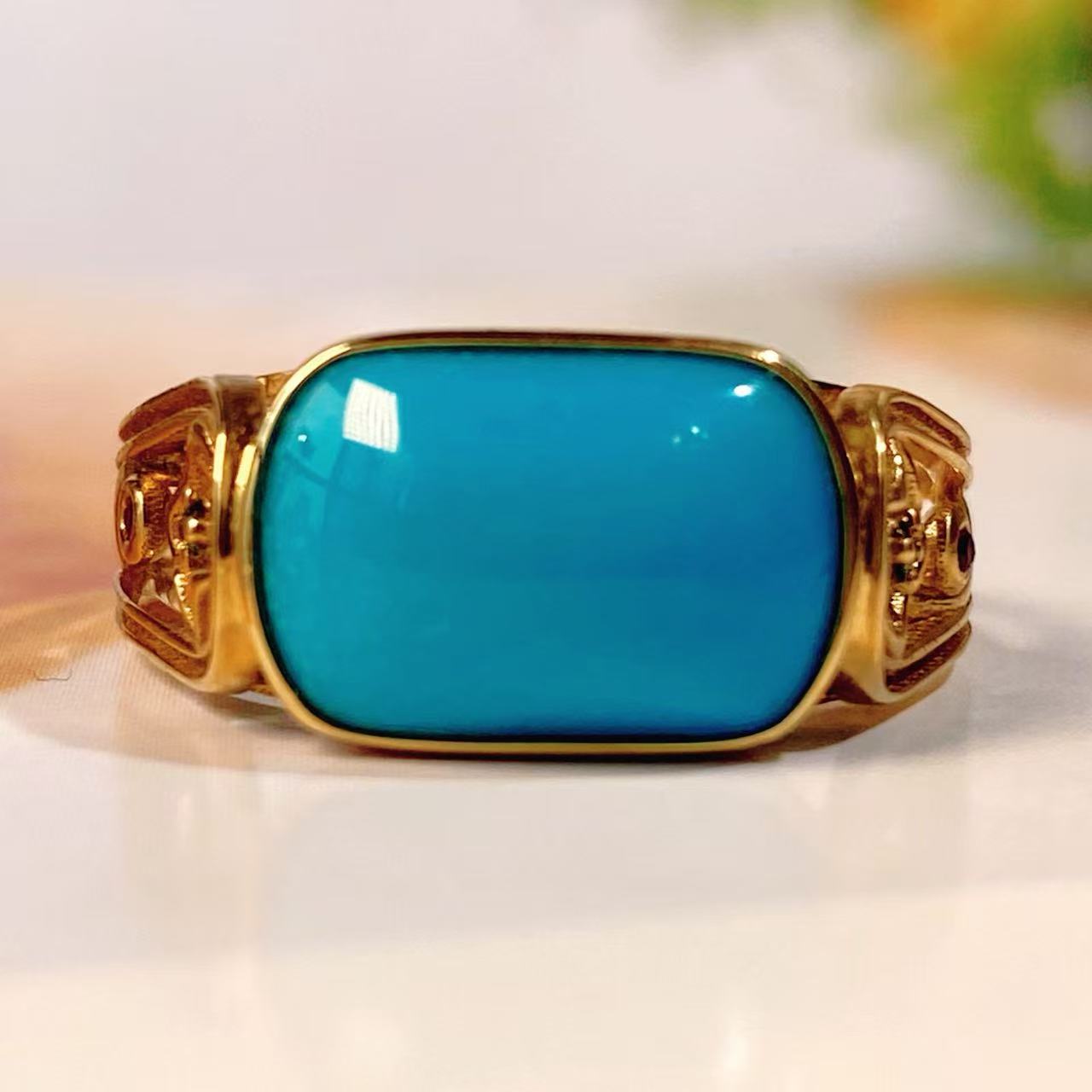 天然原矿绿松石方形原创设计活口戒指素款气质轻奢时尚复古镂空