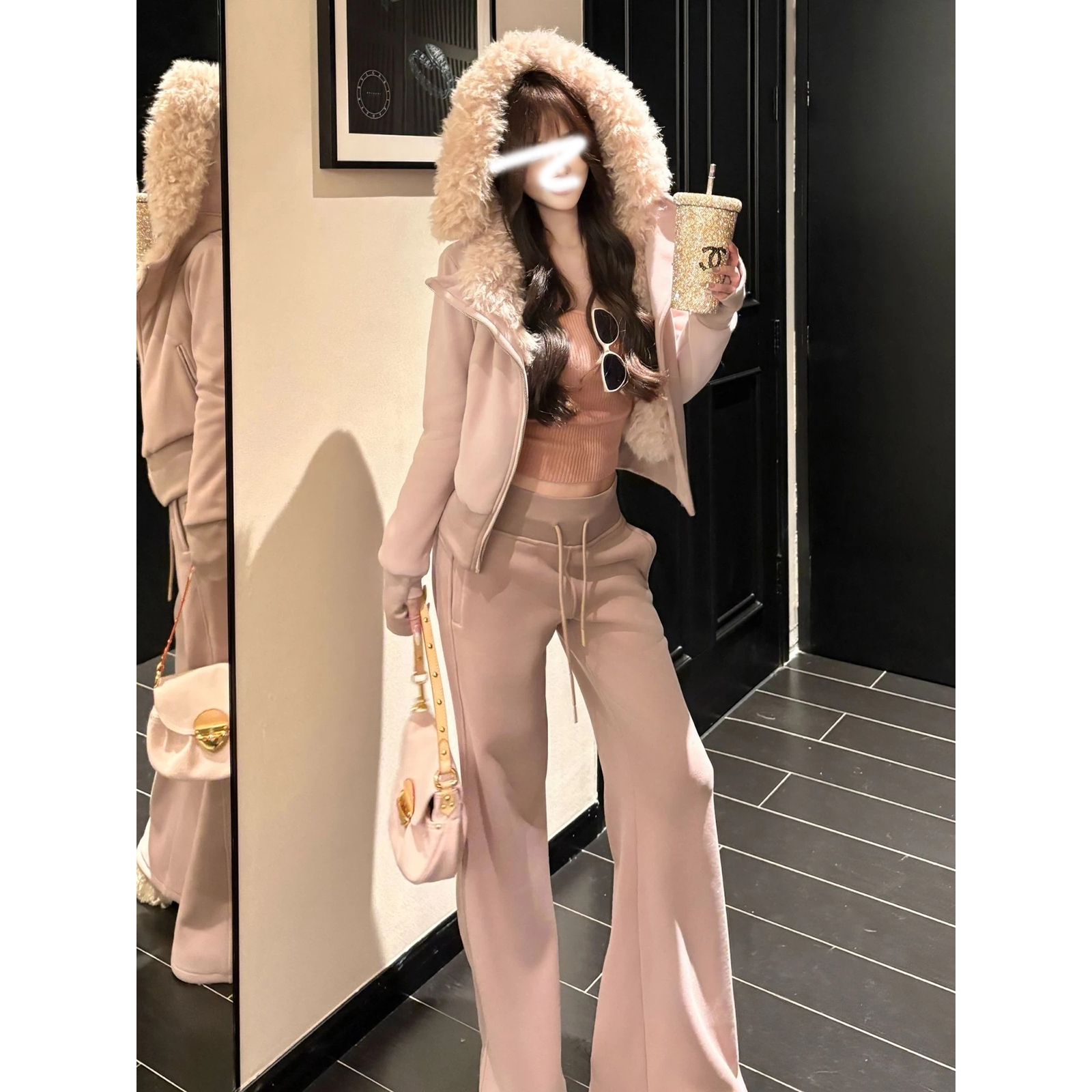 【冬日麦田】韩系时尚可爱风秋冬修身显瘦休闲外套裤子两件套套装女