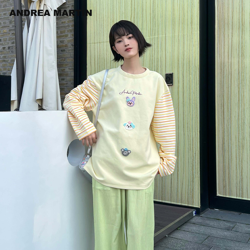 ANDREA MARTIN2025春夏新款长袖T恤女圆领条纹拼接宽松上衣