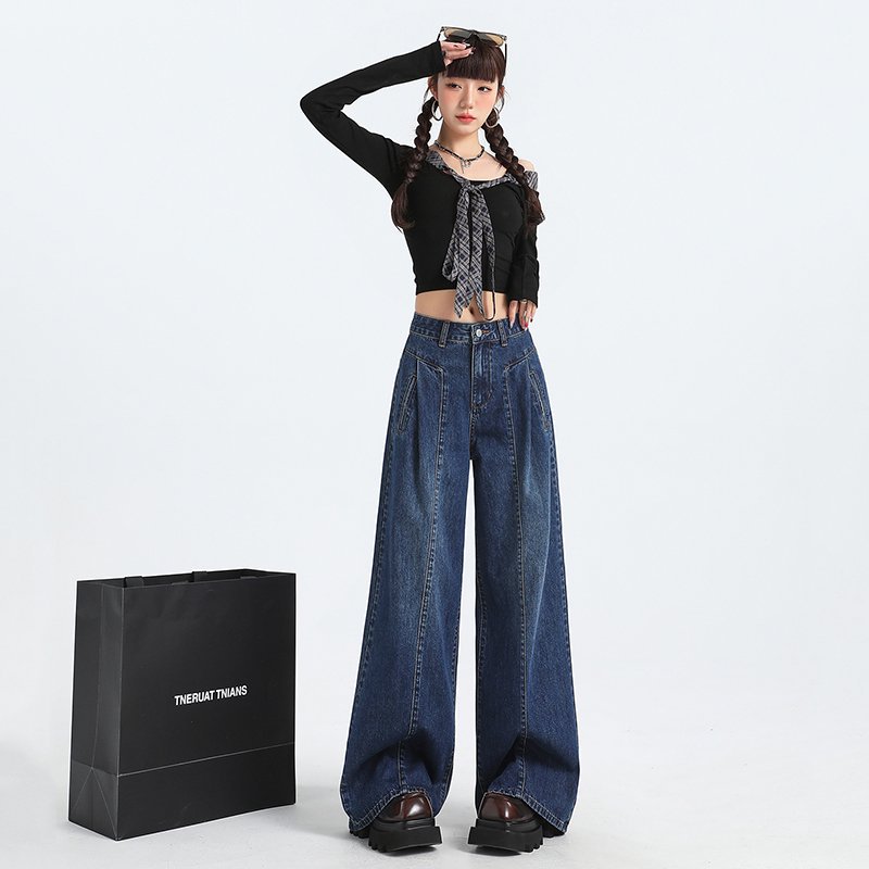 高个子175加长设计感阔腿牛仔裤2025春季新款慵懒宽松垂感拖地裤