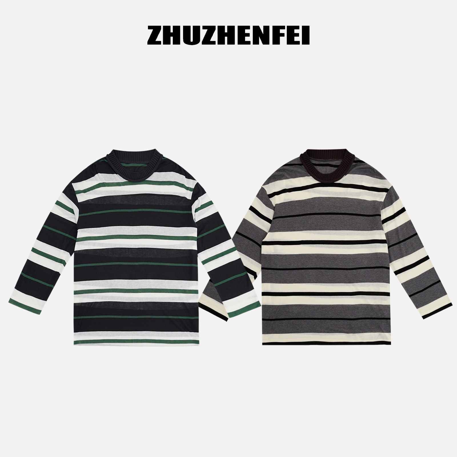 ZHUZHENFEI  时尚条纹圆领休闲简约长袖T恤-Z354056