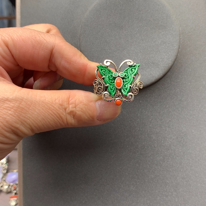 翡翠戒指银S925镶嵌晶***巴