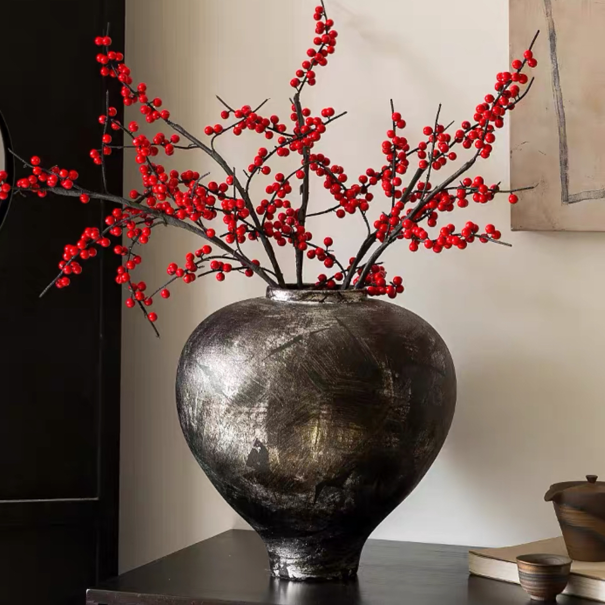 新中式黑色银色陶瓷花瓶客厅玄关插花摆件