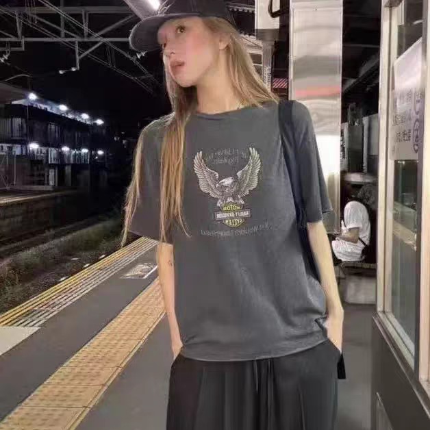 现jane birkin女韩国正品代购2025秋时尚圆领卡通老鹰印花短袖T恤