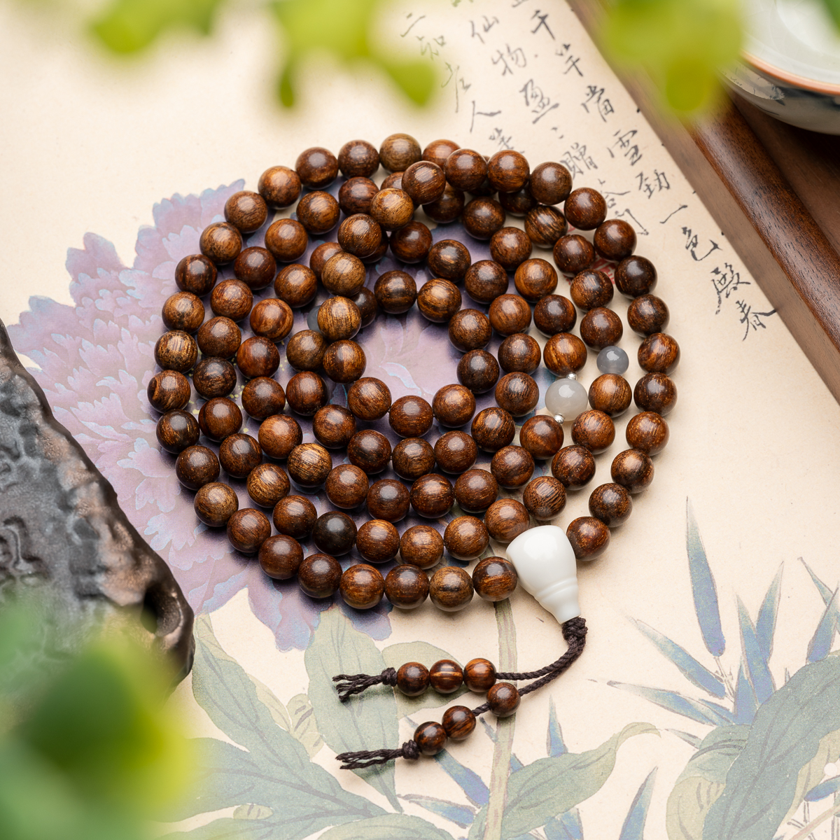 贡木8mm*108颗和田玉烟紫圆珠多圈手串长串念珠新年大礼包