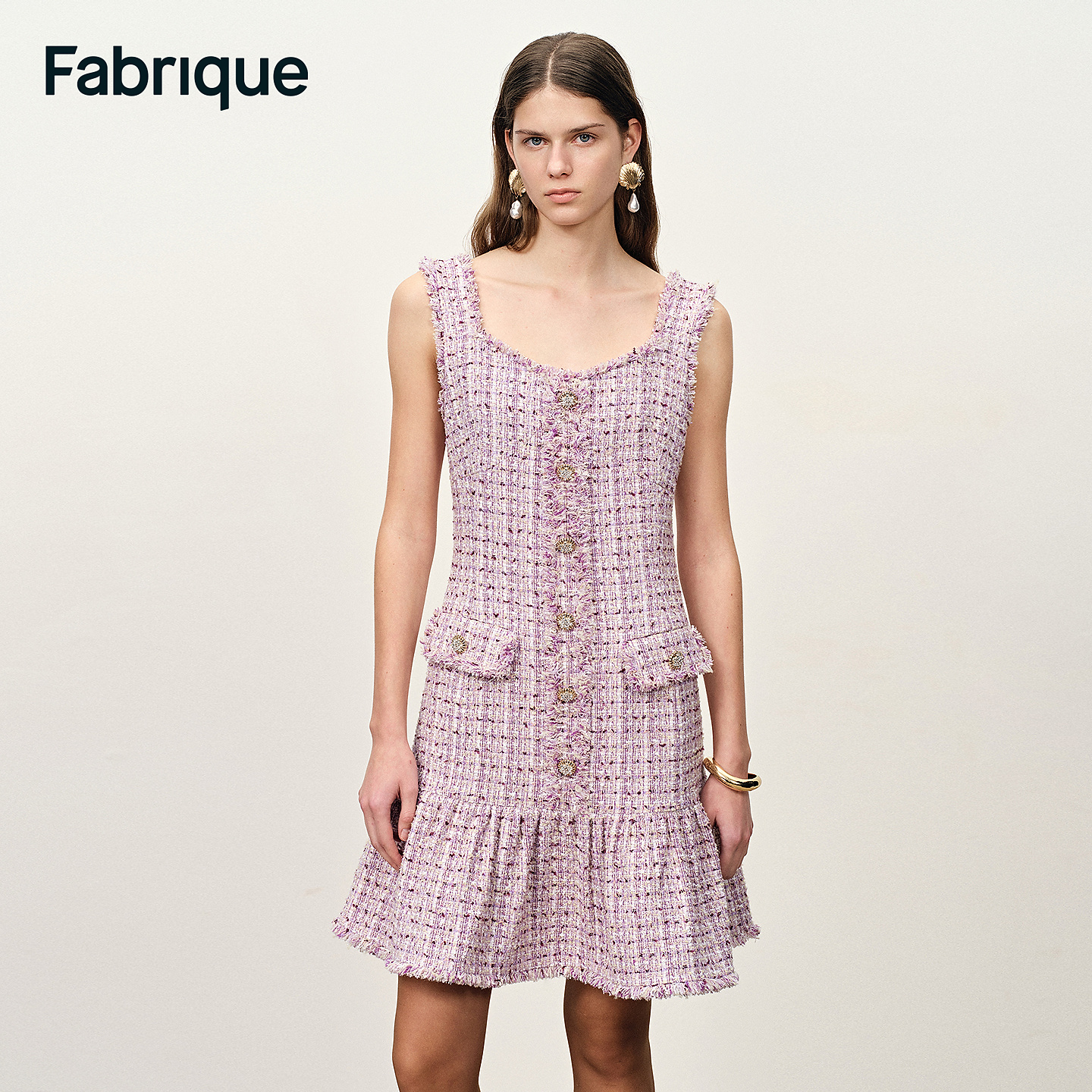 Fabrique Mia 早春新品丁香紫亮丝粗花呢毛边吊带收腰连衣裙