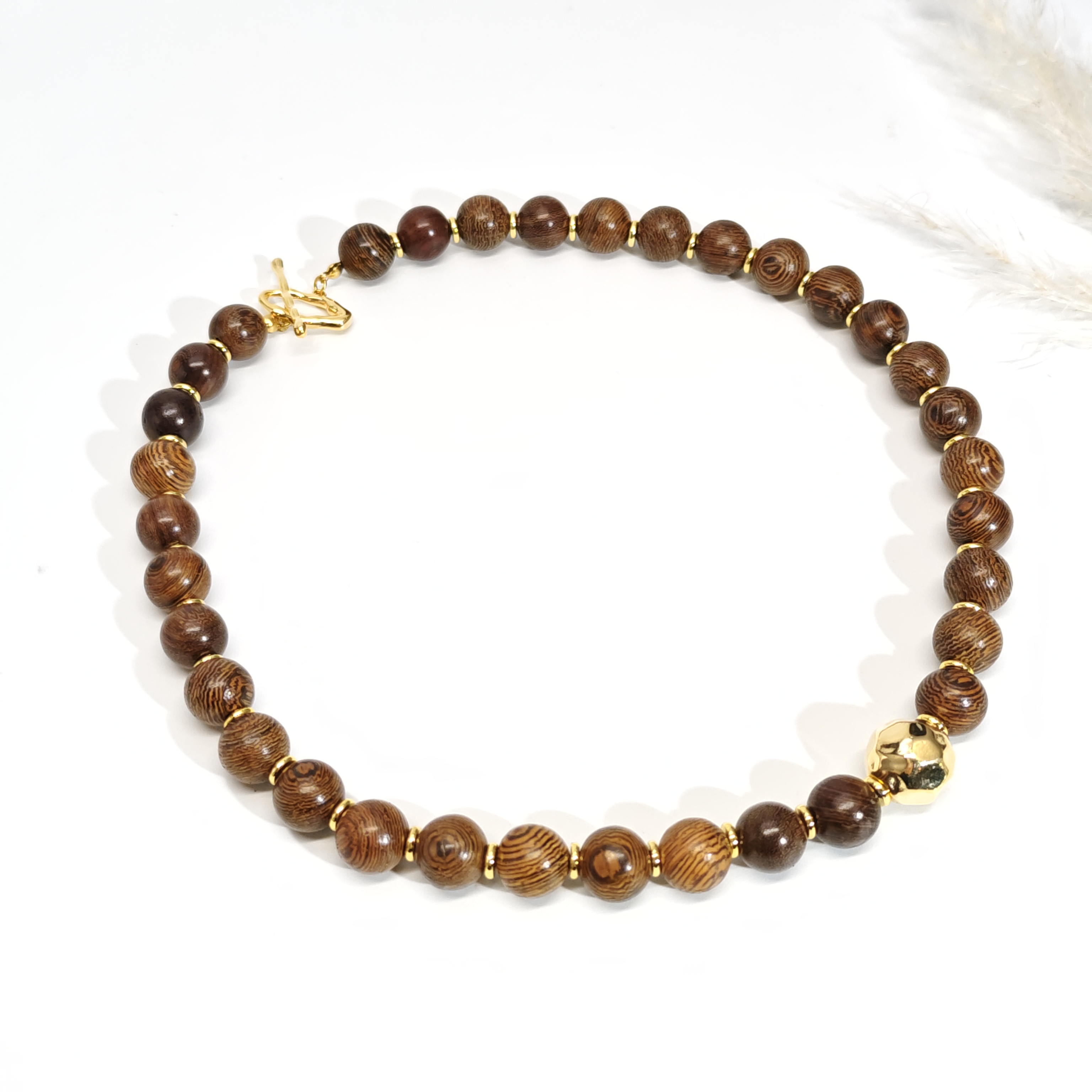 铜合金木质项链 08406文艺复古设计感木珠OT扣项链