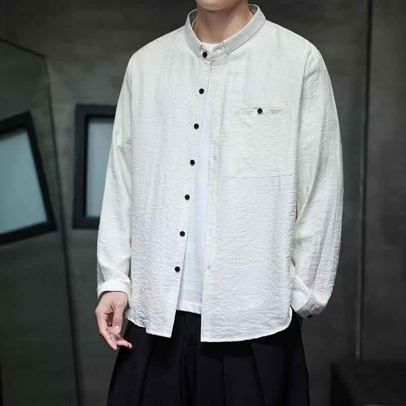 新中式中国风麻混纺双层领大码宽松休闲百搭长袖男女衬衫 30530
