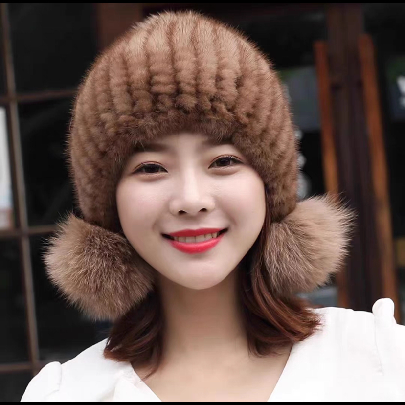 111水貂毛三球护耳帽儿童帽子女士帽子男孩帽子真毛
