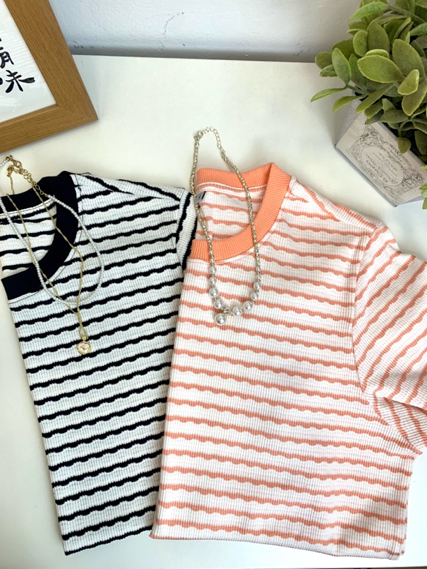 【宽松款】女装夏季条纹撞色条纹纯棉短袖T恤提花圆领