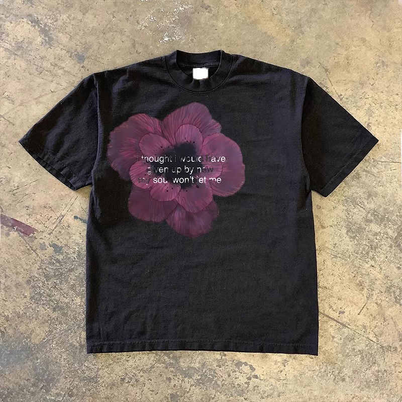 2025夏季美式咔叽花朵字母小众oversize纯棉短袖T恤男女潮牌半袖t