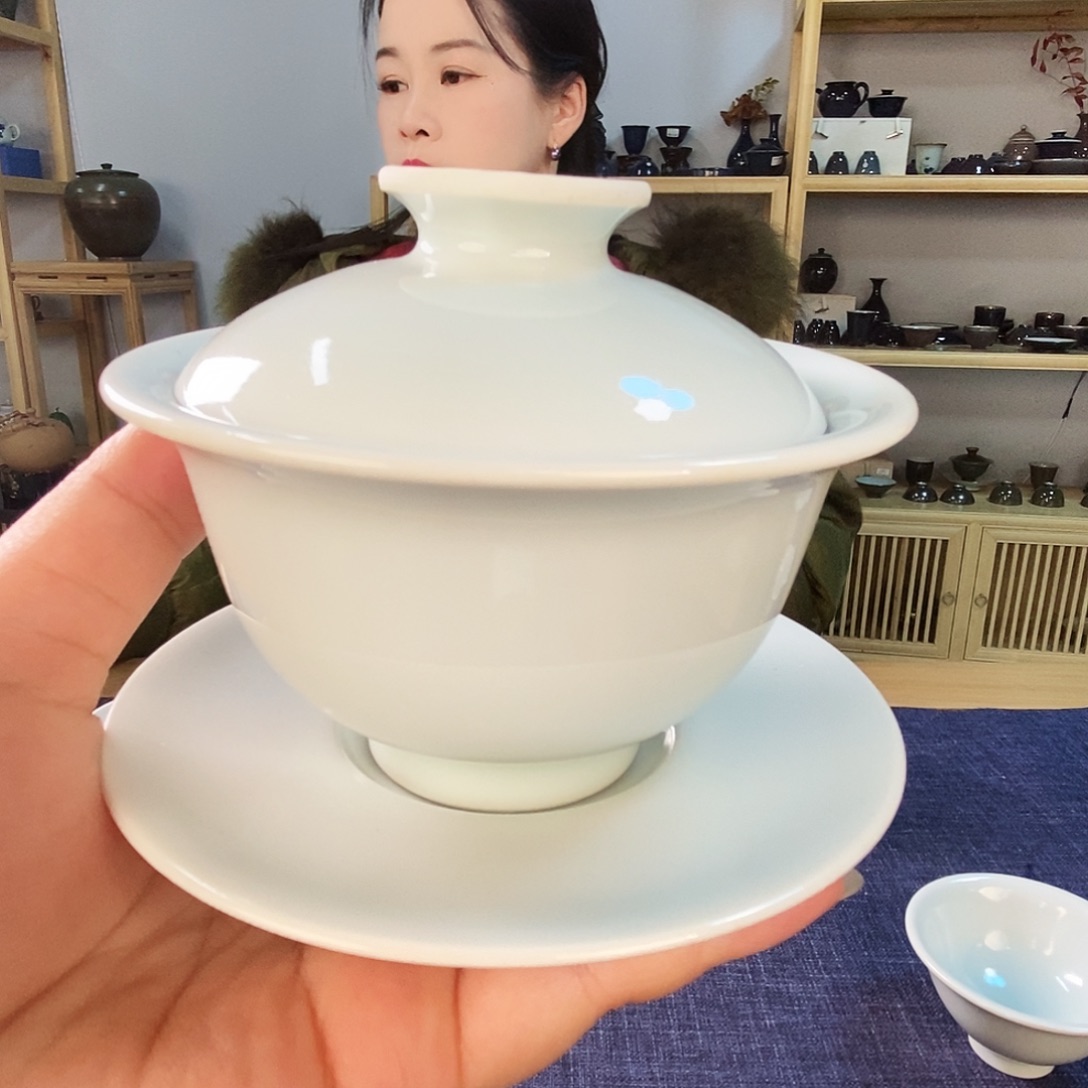 天予窑玉青三才盖碗