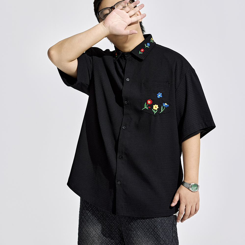 陈达浪不太胖【花儿与少年】大码男装夏季刺绣短袖衬衫胖子格子2025