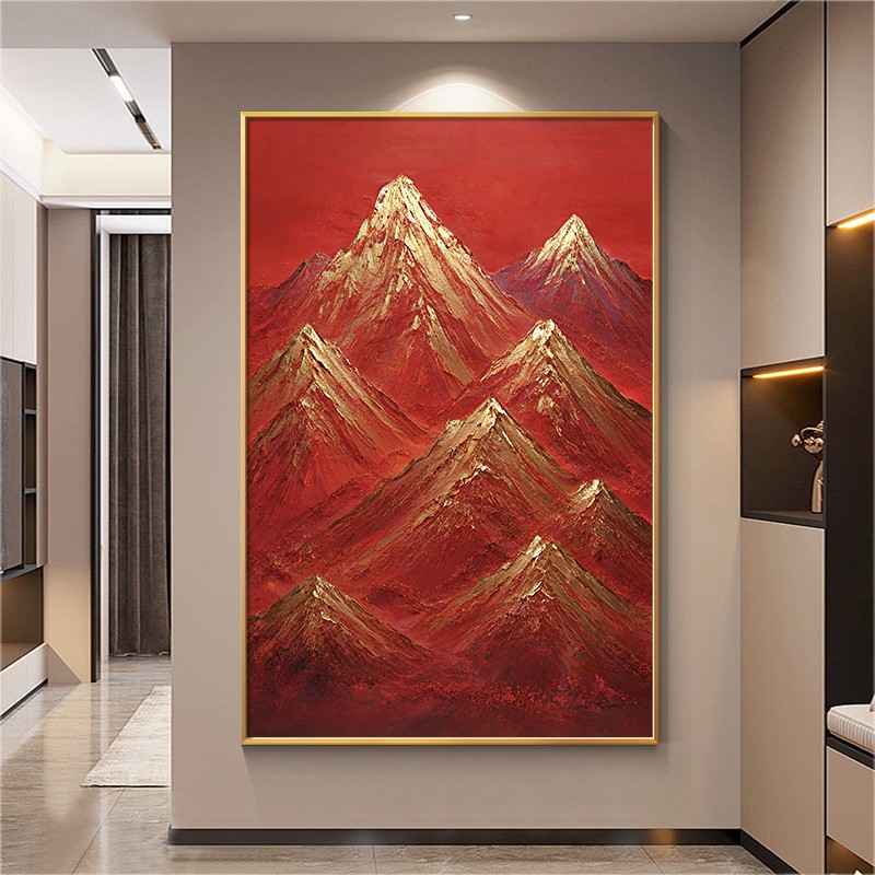 纯手绘油画轻奢高级感客厅玄关装饰画红色金山挂画茶室书房挂画