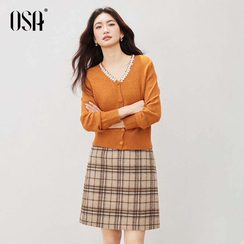 OSA落日橘色针织开衫女秋季钉珠V领软糯长袖毛衣上衣S125C16043