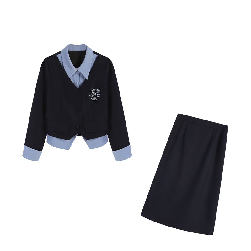 【苏柏妮】春季学院风假两件款式上衣遮肉显瘦半身裙套装ZL103159