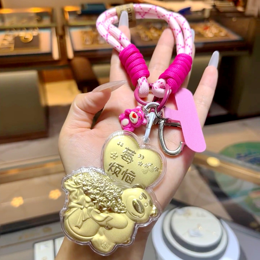 含金工艺品可爱卡通草莓熊手机挂件没烦恼包包挂绳钥匙扣生日礼物