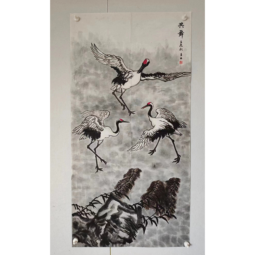 2584  多年前的手绘老字画《共舞》中堂  尺寸 137×68