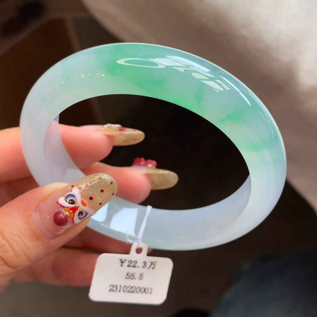 翡翠手镯未镶嵌55.5冰阳金丝绿正圈