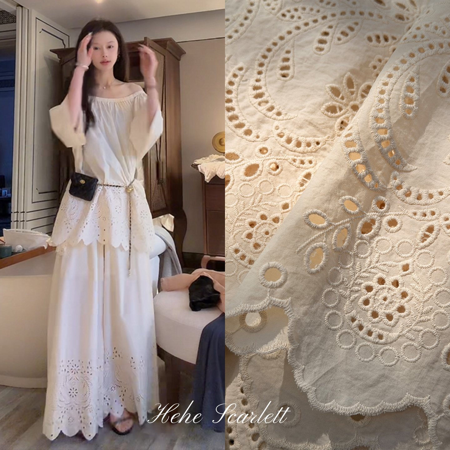你的呵呵scarlett｜慵懒松弛全棉蕾丝镂空套装 春夏度假风休闲上衣