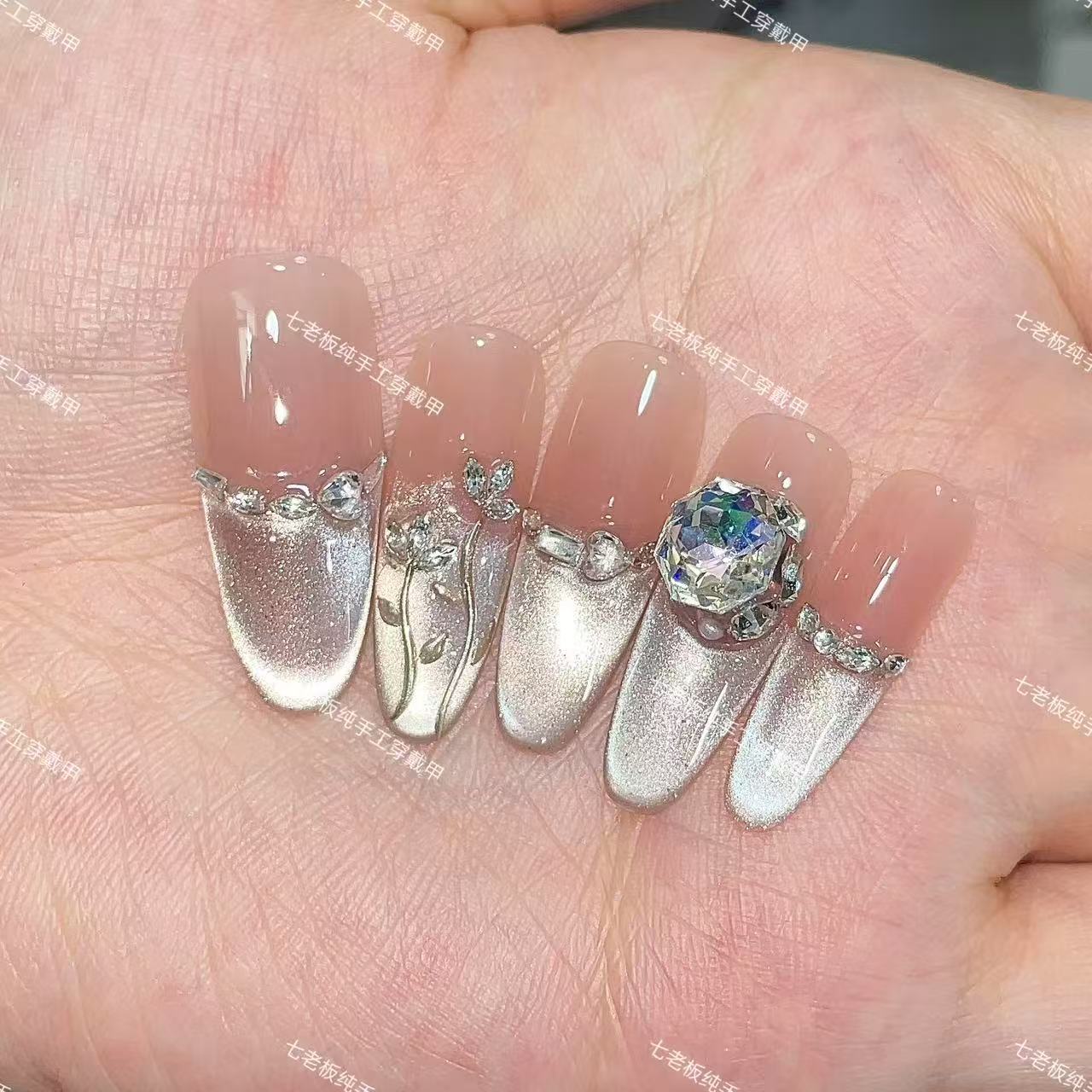 【花漾倾城】纯手工甲光疗甲冰透渐变四季流行10片穿戴甲中长款美甲