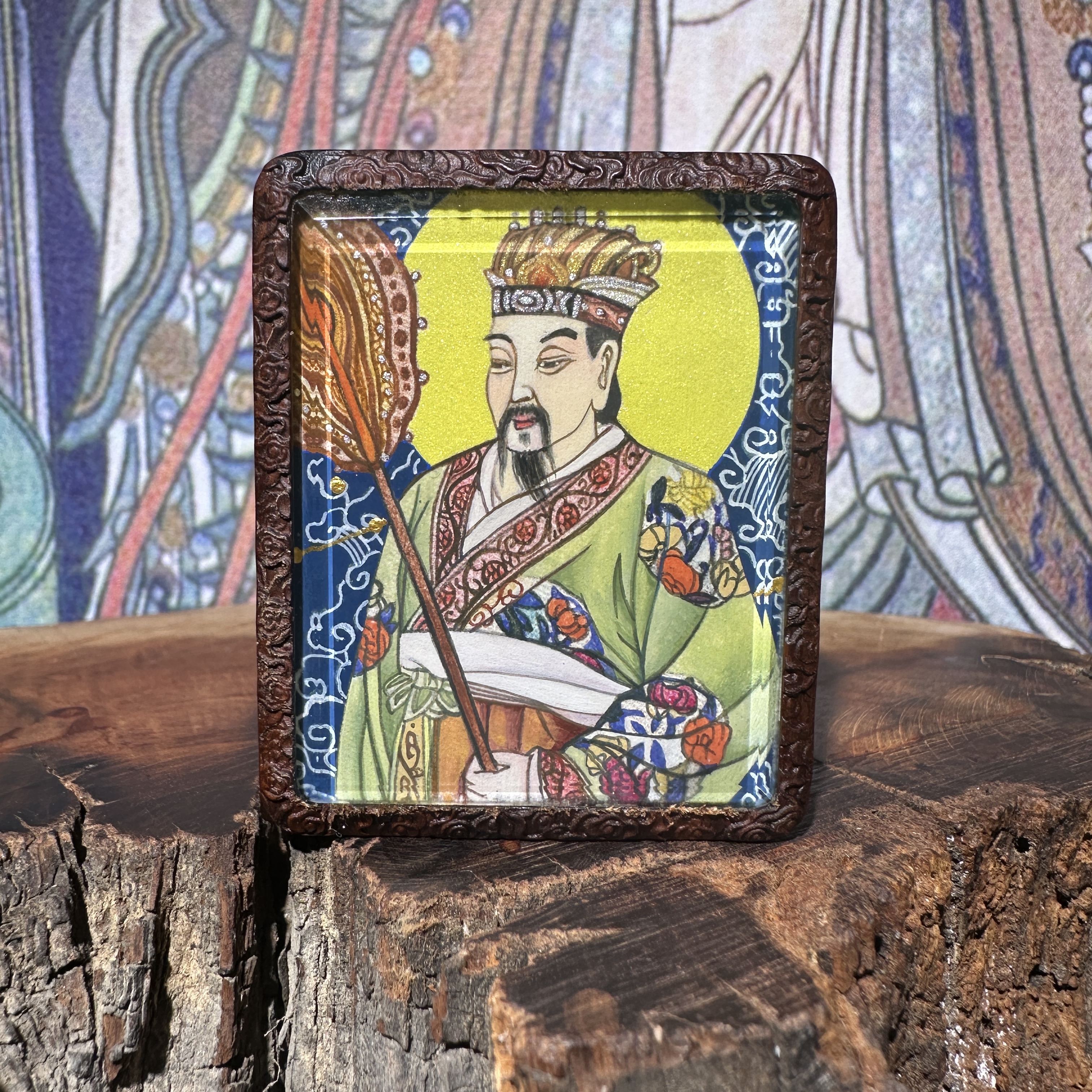 武曲星君 蛇羊本命星君  双面纯手绘道家枣木镶嵌925纯银吊坠摆件