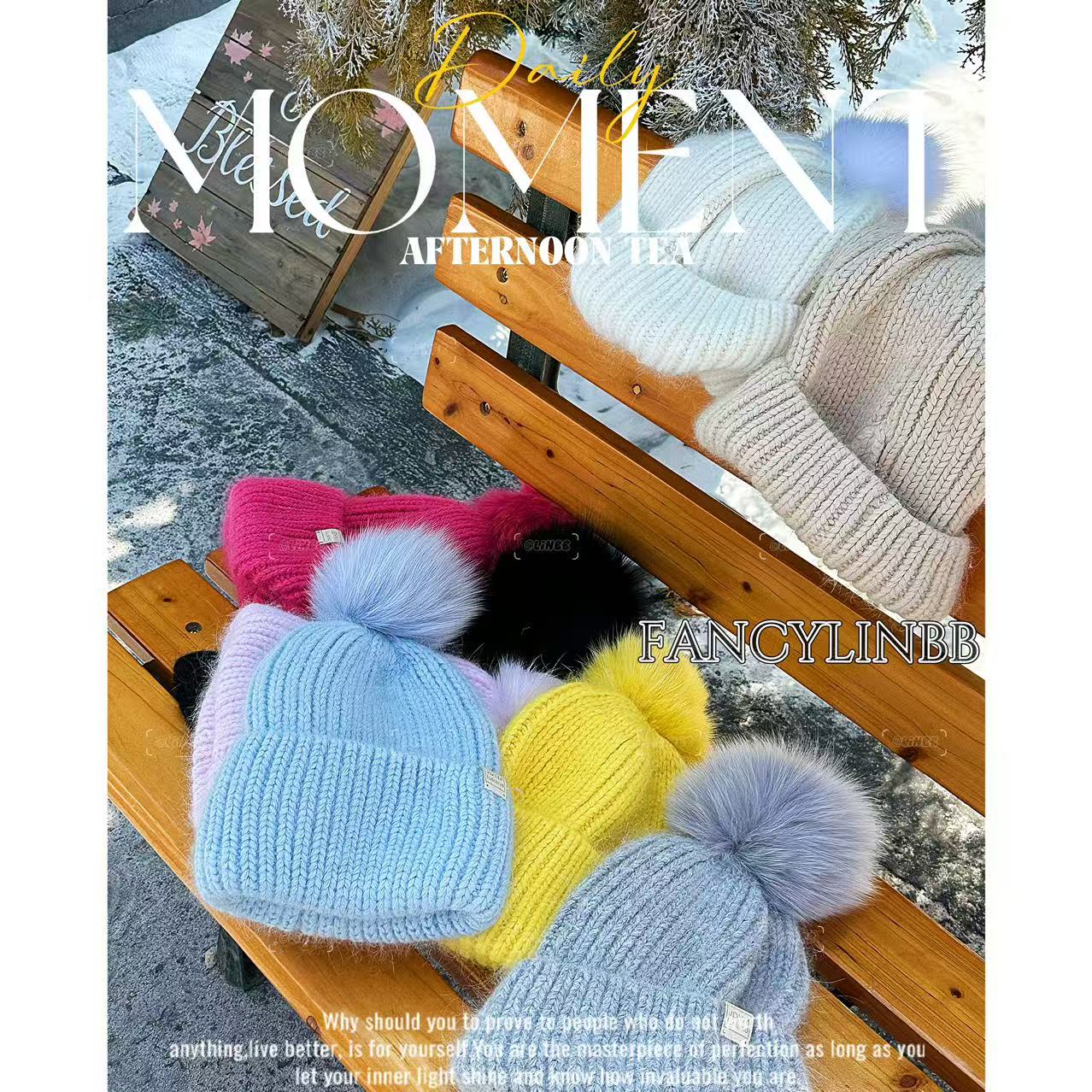 【狐狸毛冷帽】林北鼻·兔毛针织帽冰岛狐狸毛球冬季加厚保暖毛线帽